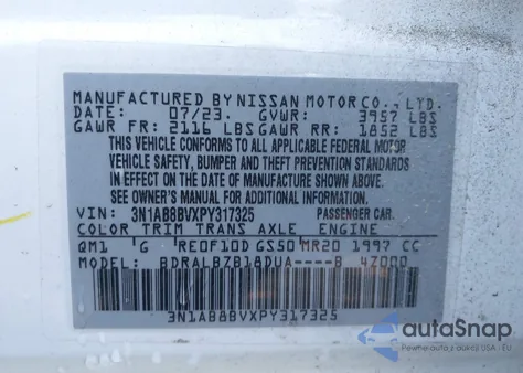 2023 Nissan Sentra S Xtronic Cvt из США, поврежденный, VIN 3N1AB8BVXPY317325